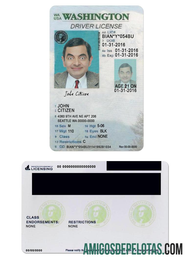 Carteira de motorista de Washigton dos EUA com menos de 21 anos exemplo real